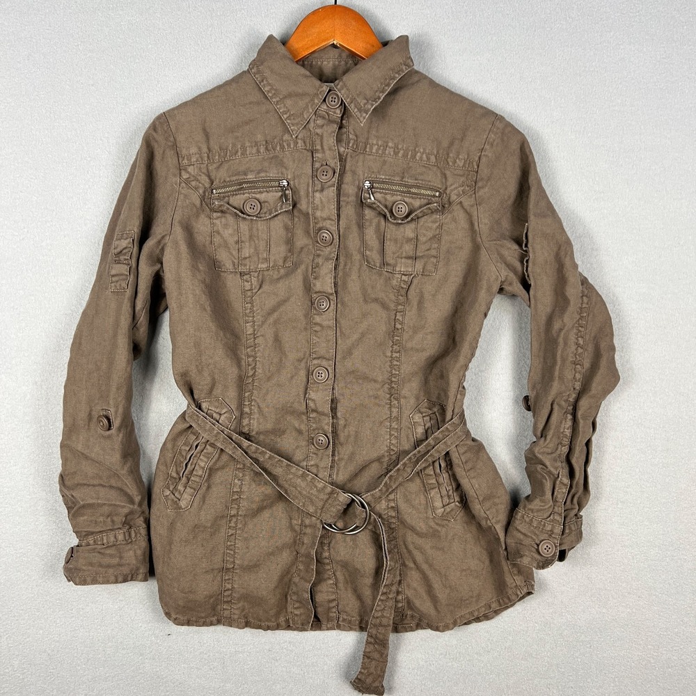 CAbi Utility Sahara Jacket 100% Linen Khaki Brown #856 Size M‎ Button Front Belt